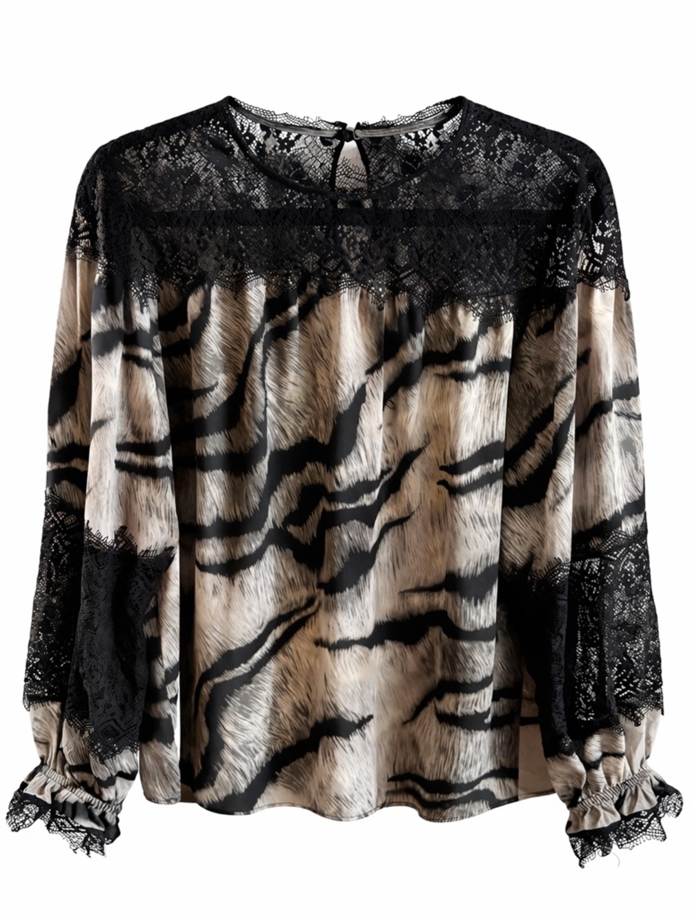 White House Black Market Black and Tan Lace-Trim Animal Print Blouse